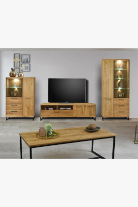 Wohnwand Eiche massiv Industrie Design mit Metallbeinen